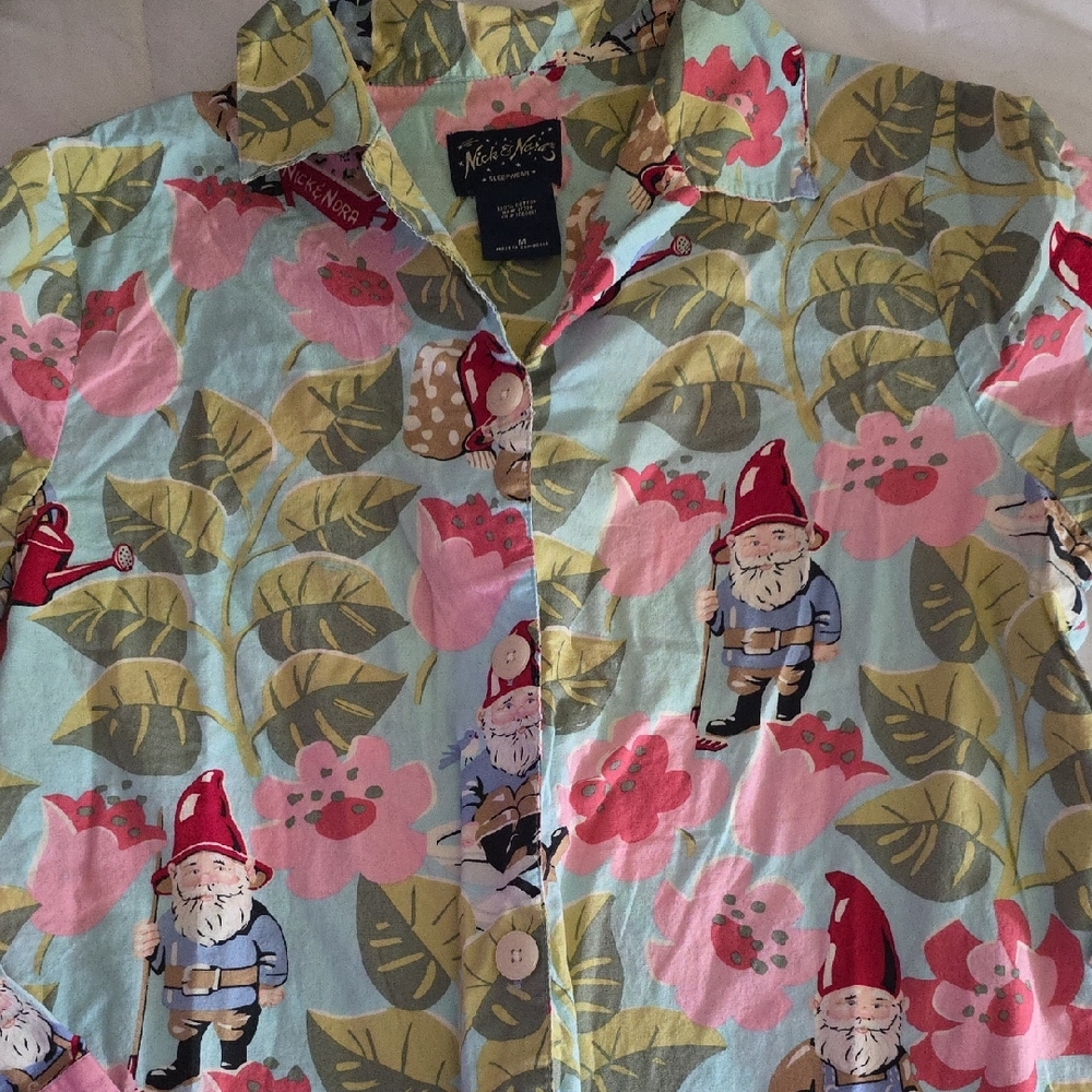 Nick & Nora Gnome Print Pajama Top - Green and Pink Size M